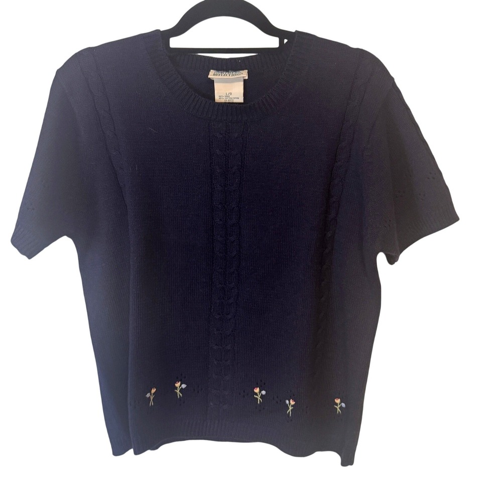Northern Reflections Sweater Floral Embroidered Large Navy Blue Womens Vintage